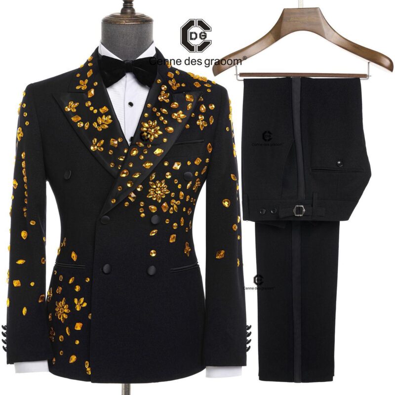 Black Double Breasted Tuxedo with Gold Floral Embellishments
